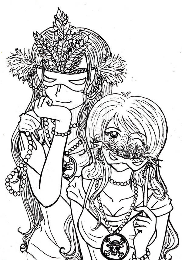 Coloring Pages Girls Hard
 e Piece Anime Girls on Mardi Gras Costume Coloring Page