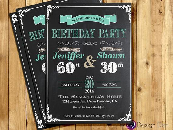 Combined Birthday Party Invitations
 Adult Joint Birthday Invitation Chalkboard White and Teal