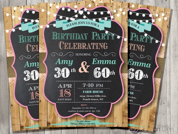 Combined Birthday Party Invitations
 Adult Joint Birthday Invitation Chalkboard Country Chic