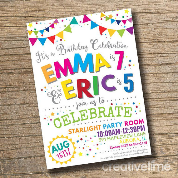 Combined Birthday Party Invitations
 Joint bined Birthday Party Invitation Twins Birthday