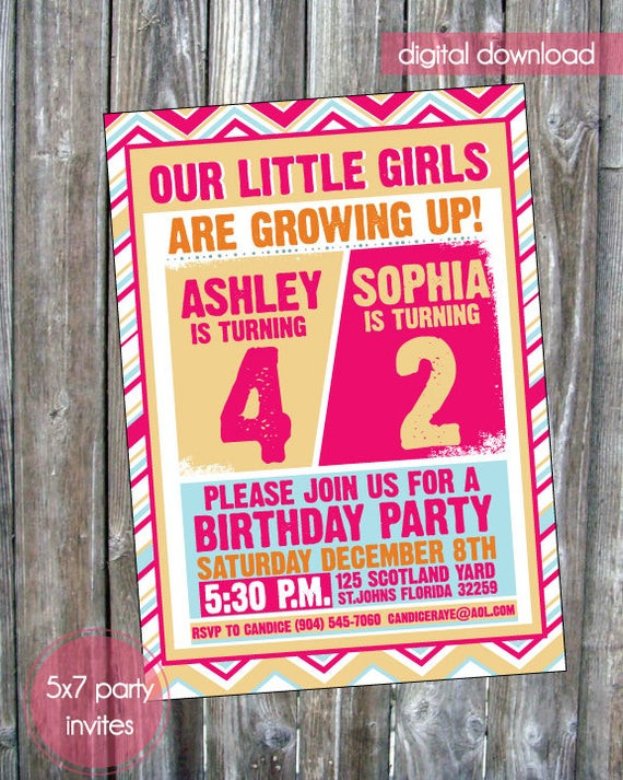 Combined Birthday Party Invitations
 Little Girls Joint Birthday Party Invite Digital Download