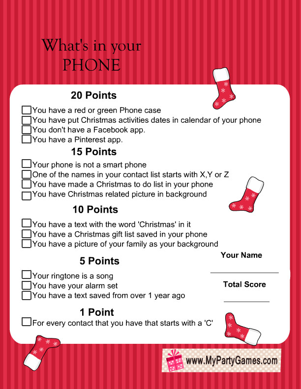 Company Holiday Party Game Ideas
 Free Printable What s in Your Phone Christmas Game