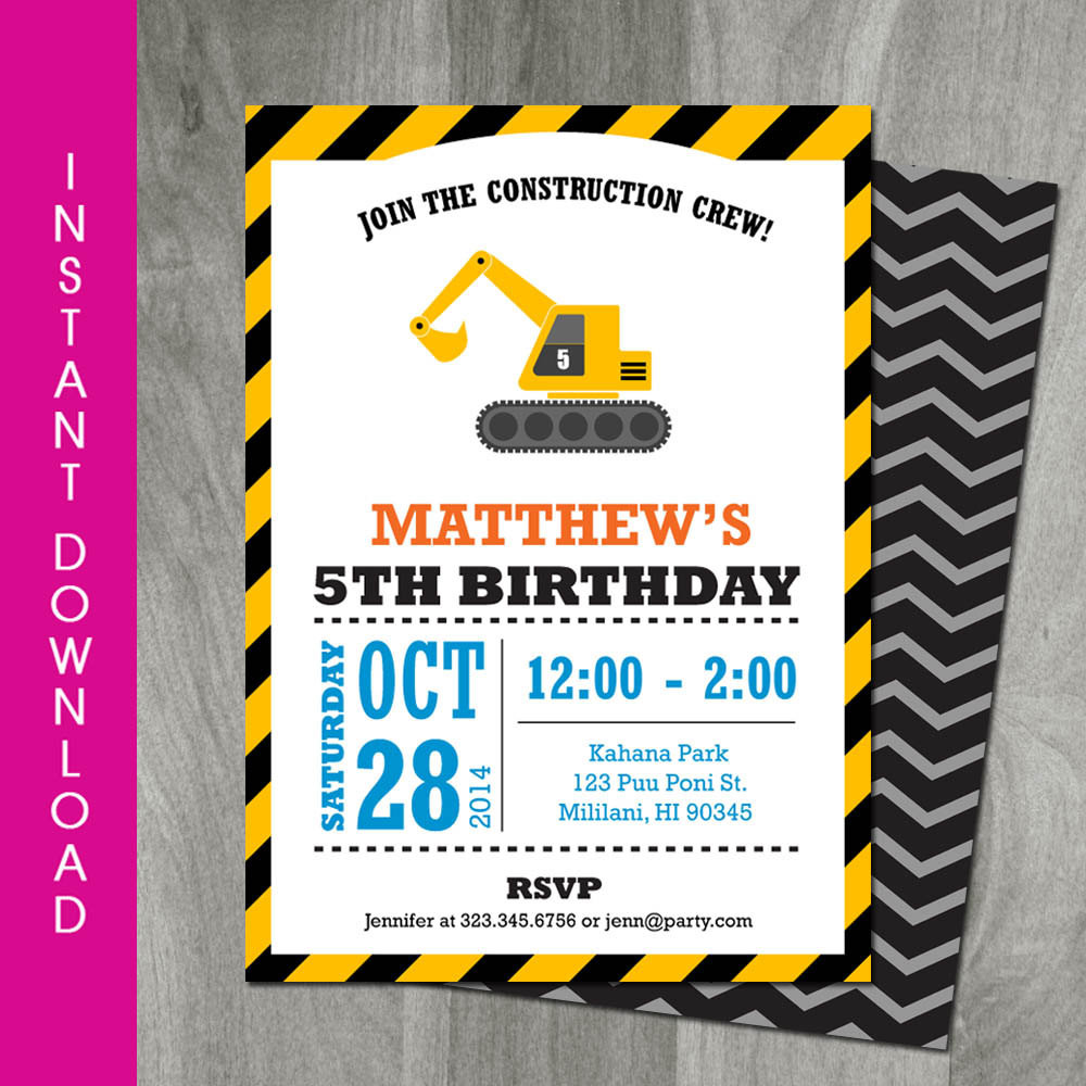 Construction Birthday Invitations
 Construction Birthday Invitation Self Editable INSTANT