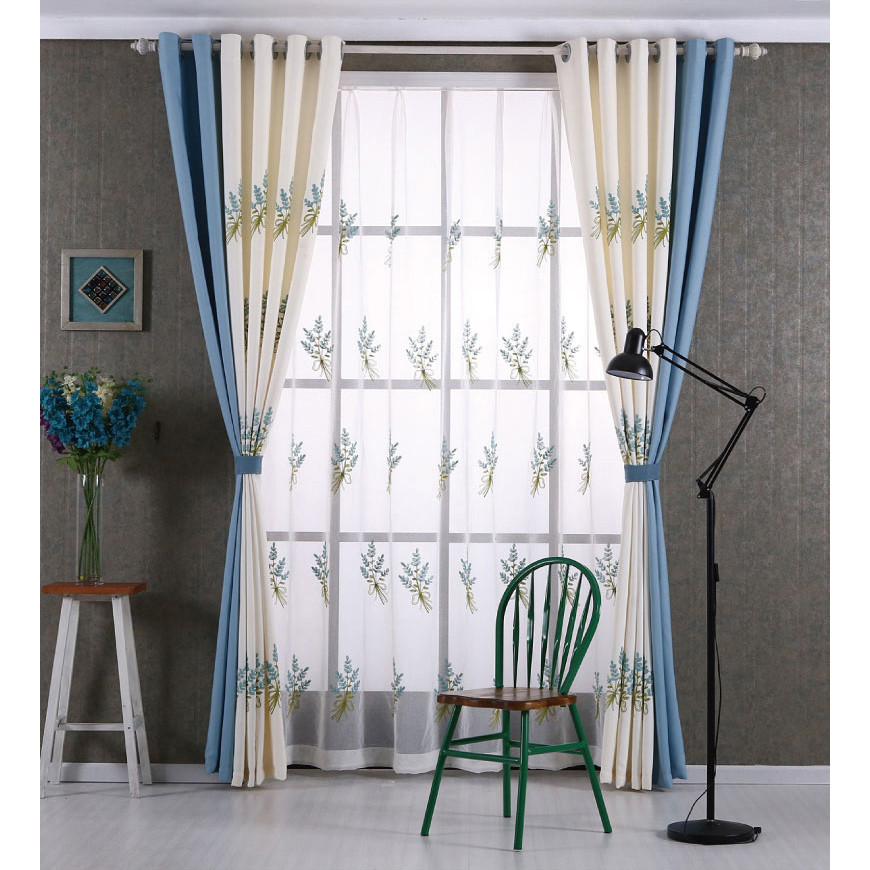 Country Curtains For Living Room
 Beige and Blue Linen Botanical Embroidery Color Block