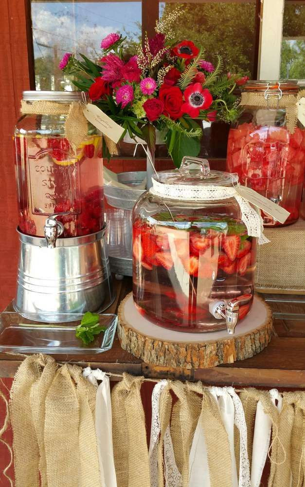 Country Engagement Party Ideas
 Flavored water drink station at a country rustic rehearsal