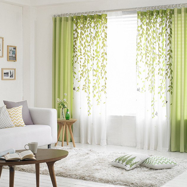 Country Living Room Curtains
 Lime Green and White Leaf Print Poly Cotton Blend Country
