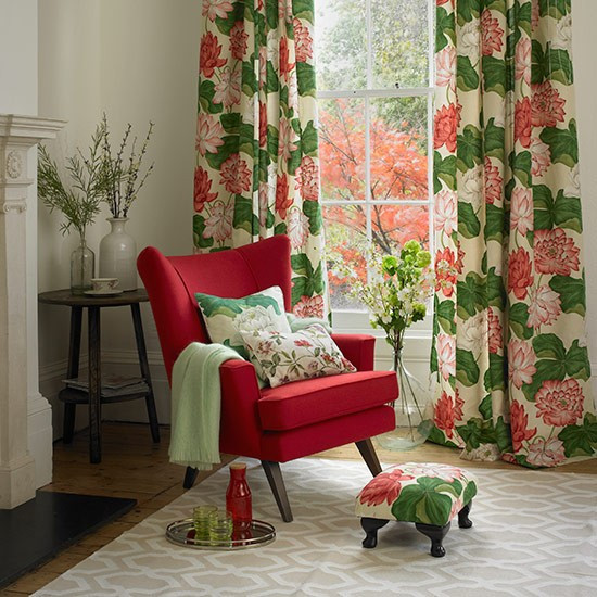 Country Living Room Curtains
 Bold red chair
