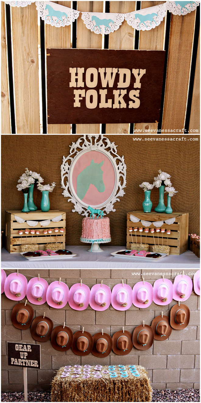 Cowgirl Birthday Decorations
 Pink and Aqua Cowgirl Themed Birthday Party