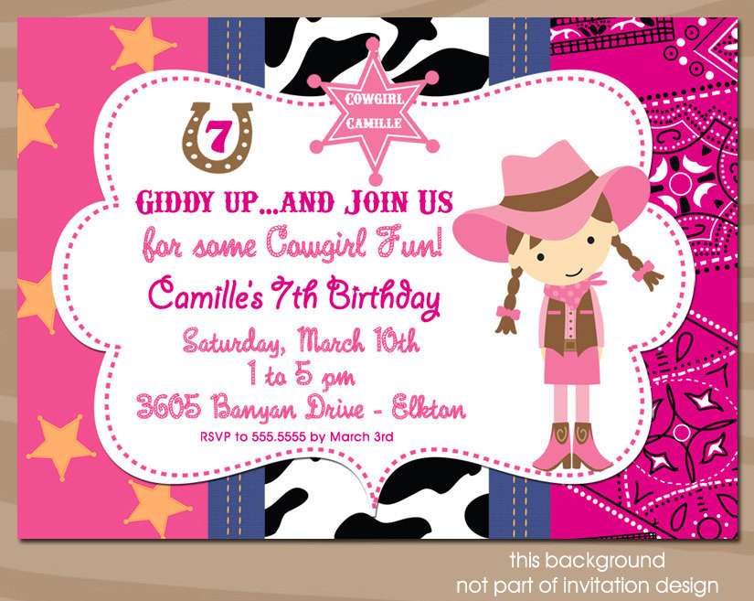 Cowgirl Birthday Invitations
 Pink Cowgirl Birthday Party Invitation Dark Brown Hair by