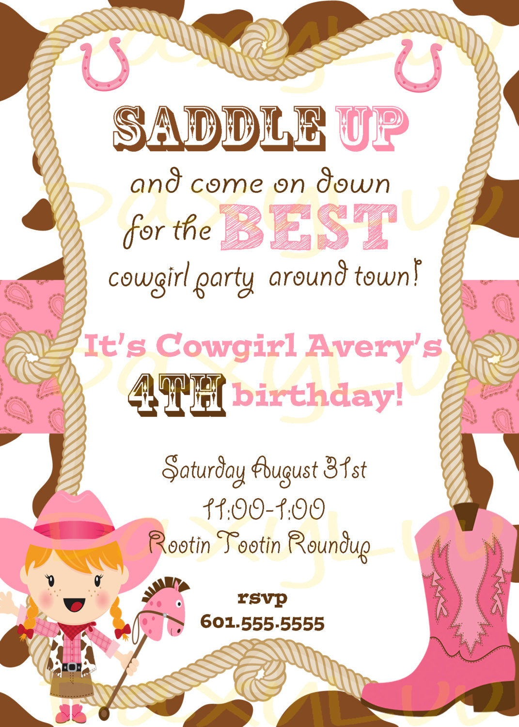 Cowgirl Birthday Invitations
 Cowgirl Birthday Party Invitation Pink and Brown
