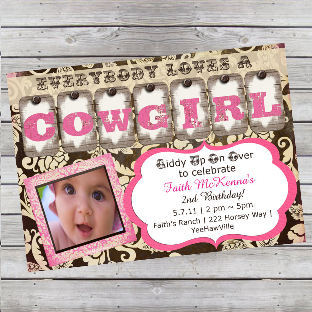 Cowgirl Birthday Invitations
 Cowgirl Birthday Invitation 1st Birthday or Any Age Pink and