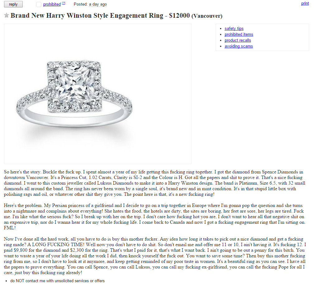 Craigslist Diamond Rings
 $12 000 Engagement ring for sale in Vancouver Craigslist