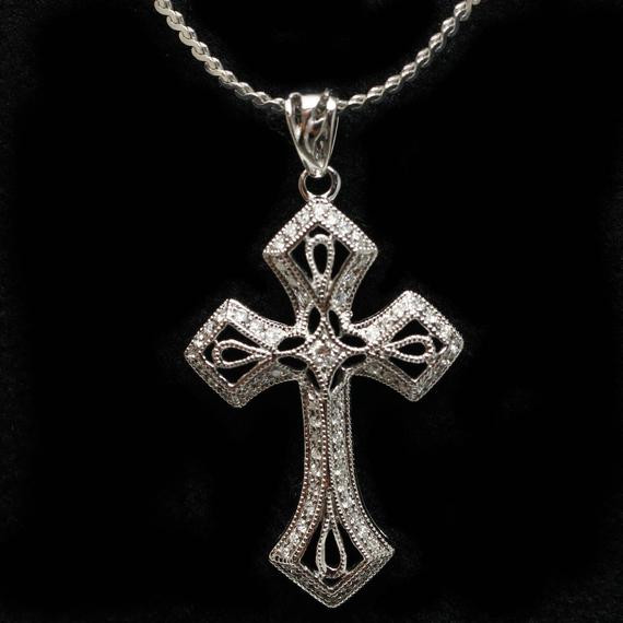 Cross Diamond Necklace
 Vintage Style Diamond Cross Pendant Necklace 14k White Gold