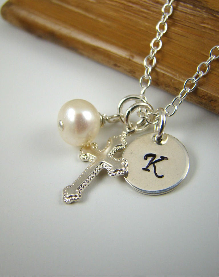 Cross Necklace For Girl
 Girl Baptism Gift Cross Initial Necklace Cross Charm R002