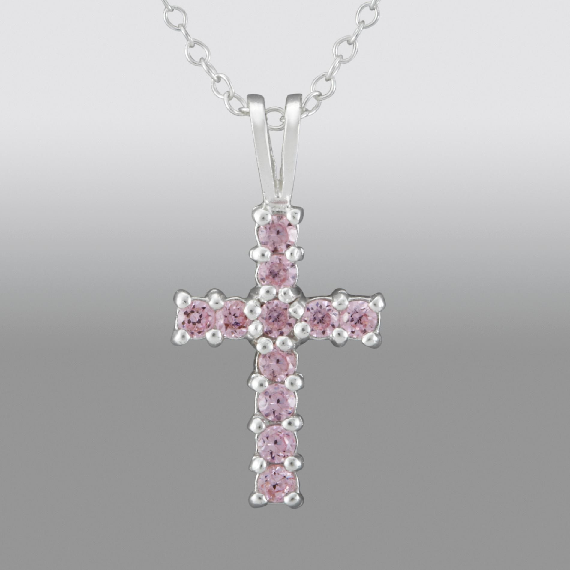 Cross Necklace For Girl
 Girls Pink Cubic Zirconia Cross Pendant in Sterling Silver