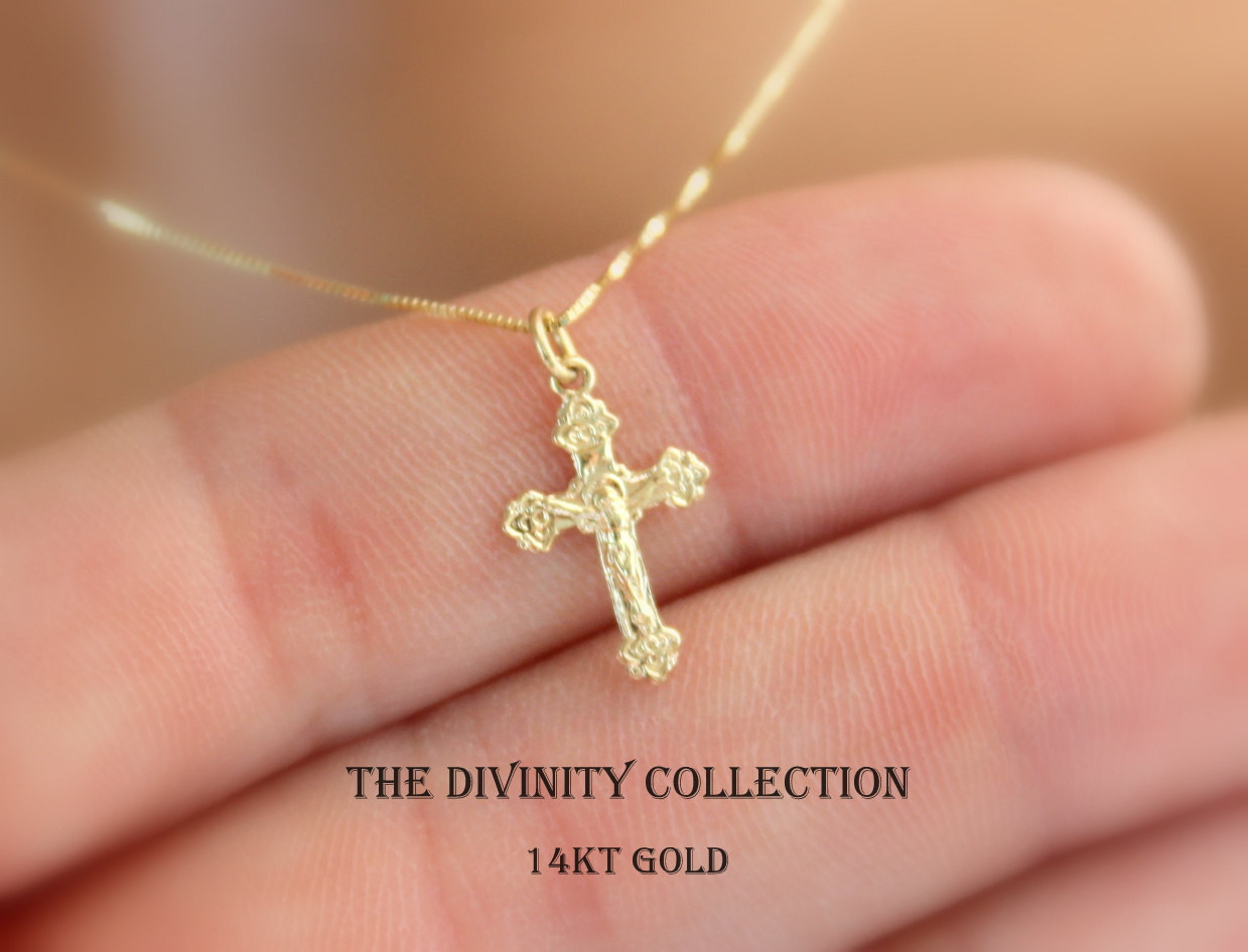 Cross Necklace For Girl
 SOLID 14KT GOLD Crucifix Cross Necklace Women Girls Small
