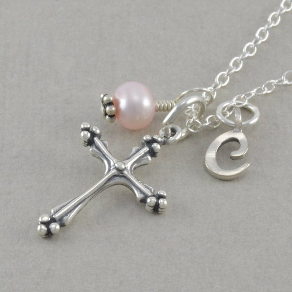 Cross Necklace For Girl
 Little Girls Cross Necklace pink pearl by SixSistersBeadworks