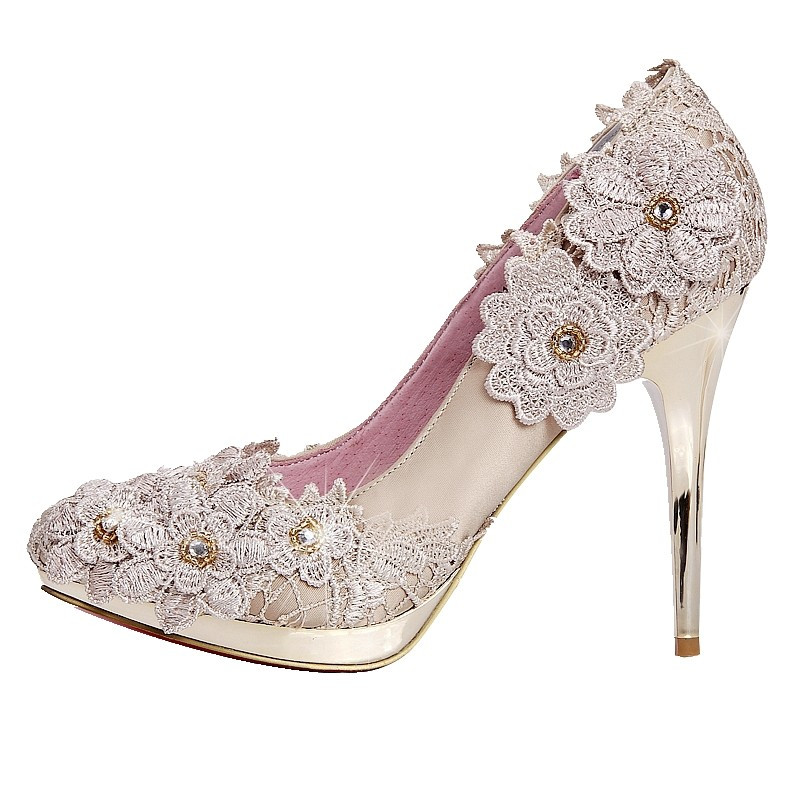 Crystal Heels Wedding Shoes
 Grceful Lace Flower Champagne Crystal Heels Rhinestone
