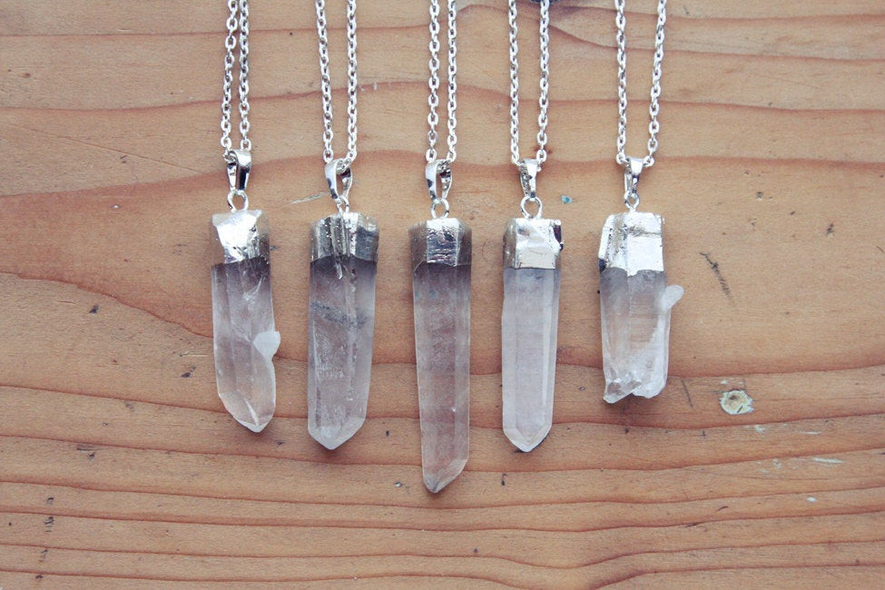 Crystal Quartz Necklace
 Silver Dipped Raw Quartz Crystal Point Necklace Rough Clear