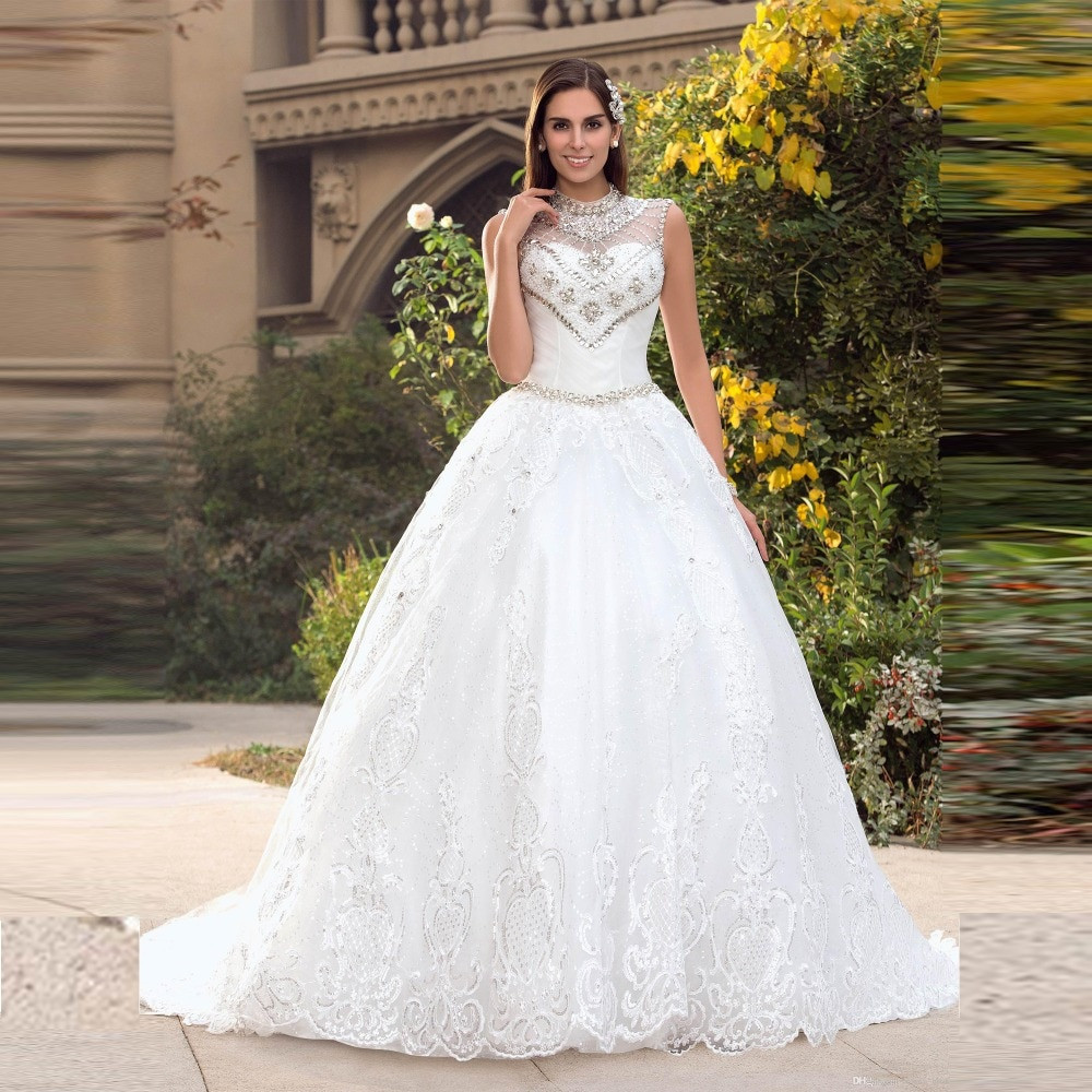 Crystal Wedding Gowns
 Sparkly High Neck Crystal Beaded Princess Wedding Dresses