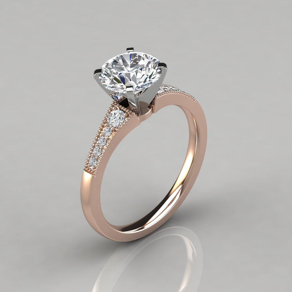 Cultured Diamond Engagement Rings
 Graduated Milgrain Round Cut Engagement Ring PureGemsJewels