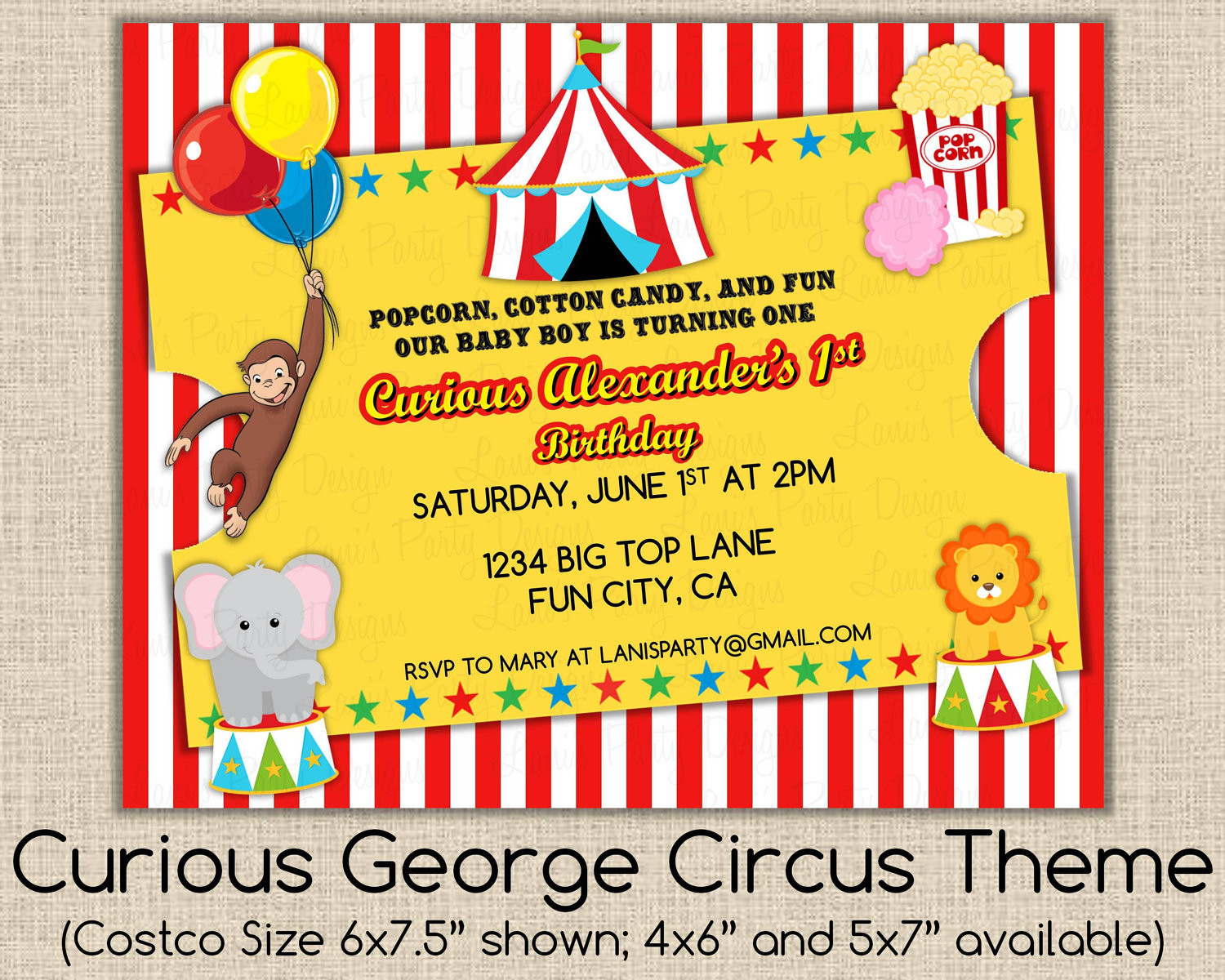 Curious George Birthday Invitation
 Curious George Invitation Birthday 1st First Circus Theme
