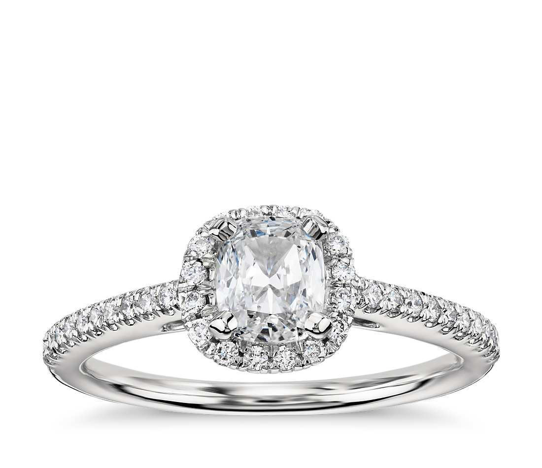 Cushion Cut Solitaire Diamond Engagement Rings
 Cushion Cut Halo Diamond Engagement Ring in 14k White Gold