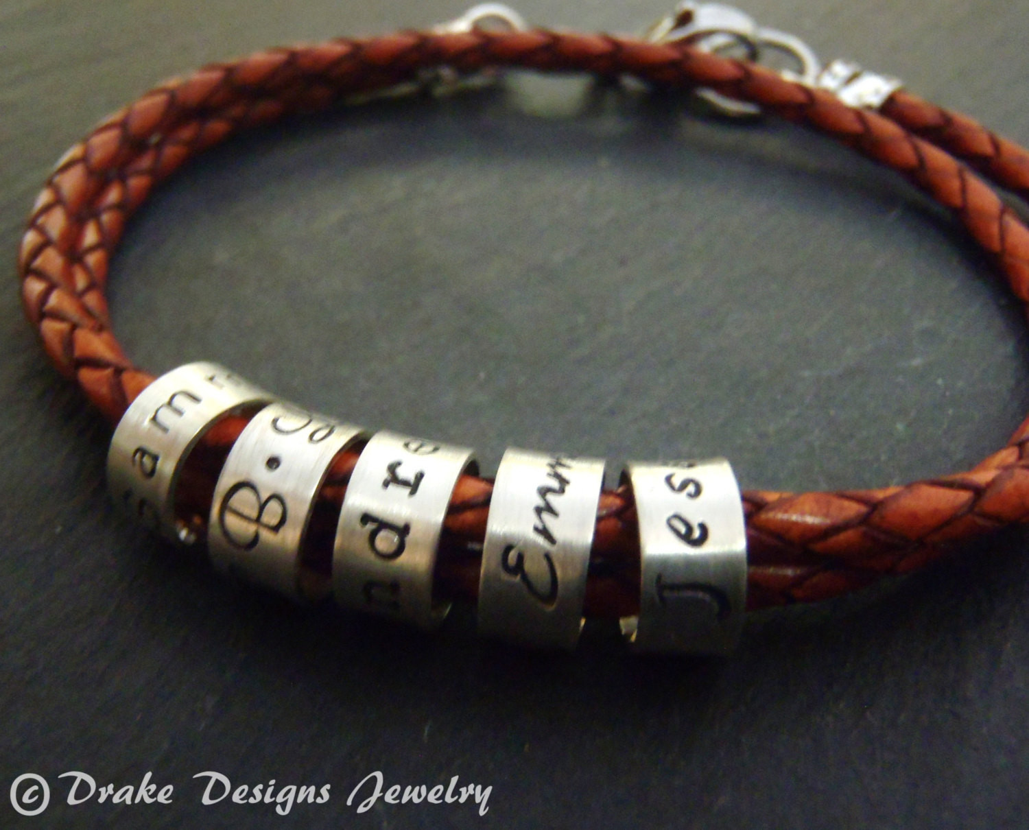 Custom Name Bracelets
 braided leather custom name bracelet with hand stamped charms