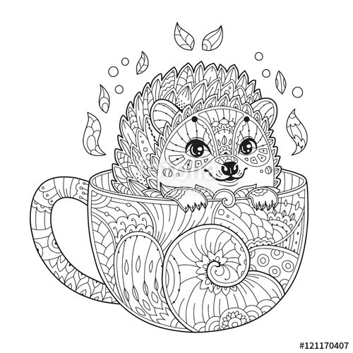 Cute Animal Coloring Pages For Adults
 "Hedgehog in cup Adult antistress coloring page with
