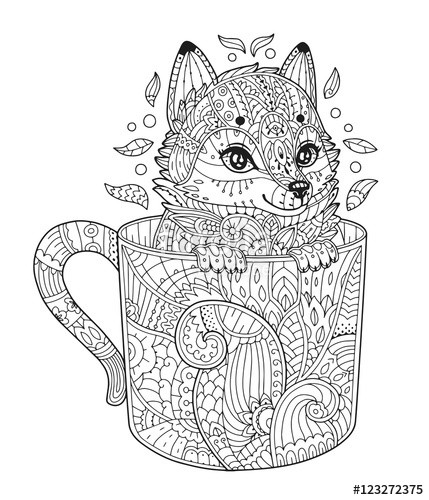 Cute Animal Coloring Pages For Adults
 "Fox in cup Adult antistress coloring page with animal in