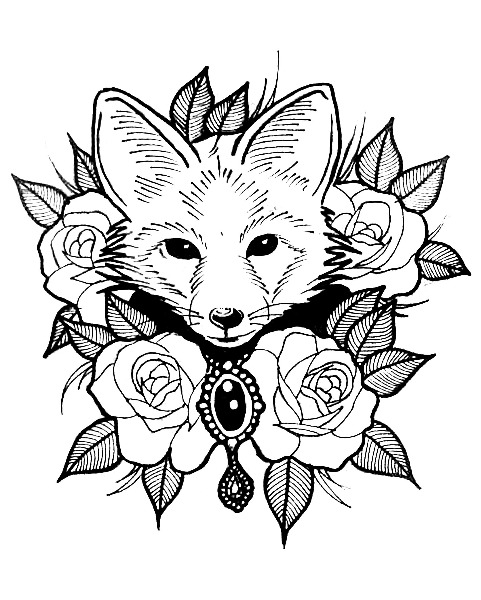 Cute Animal Coloring Pages For Adults
 Cute fox with roses