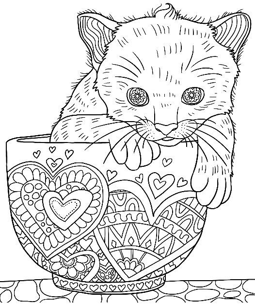 Cute Animal Coloring Pages For Adults
 Cute Kitten in a Cup colouring page