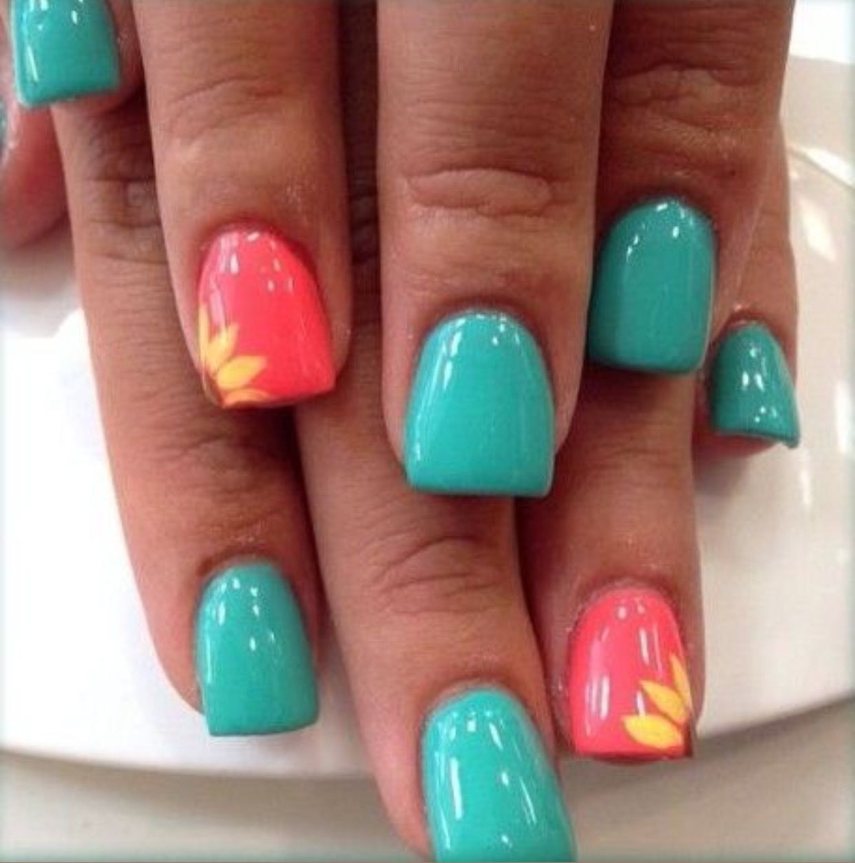 Cute Spring Nail Ideas
 Cute summer nail ideas teal & coral nails sunflower