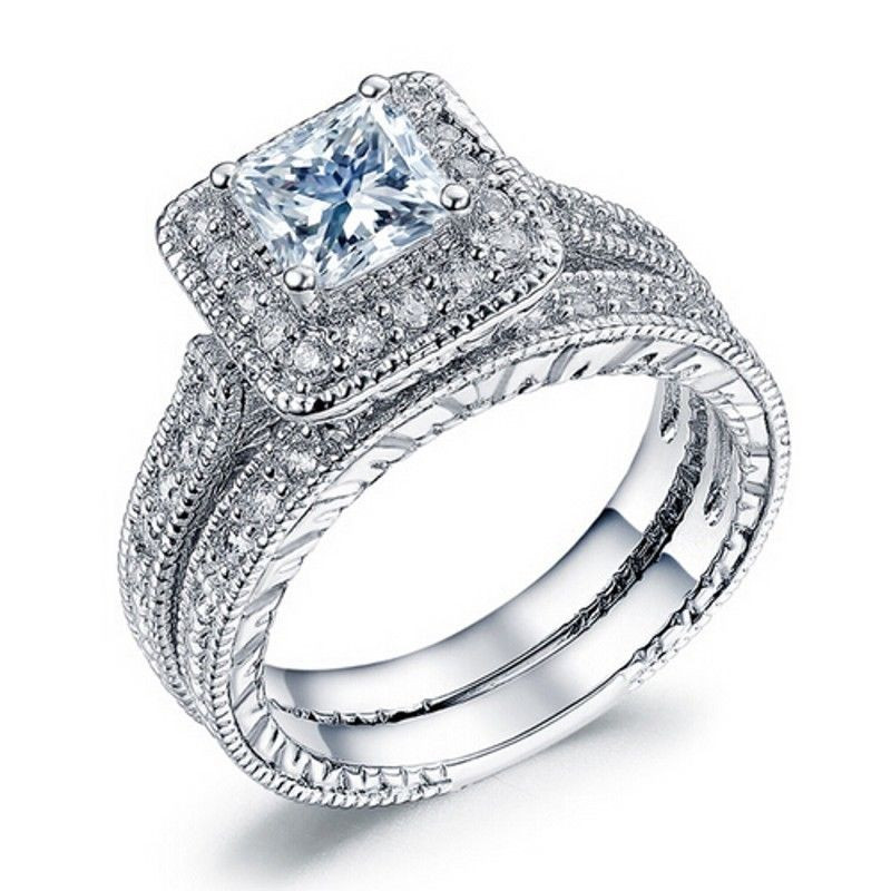 Cz Wedding Ring Sets
 Handmade Vintage Women Princess Cut AAA CZ White Gold