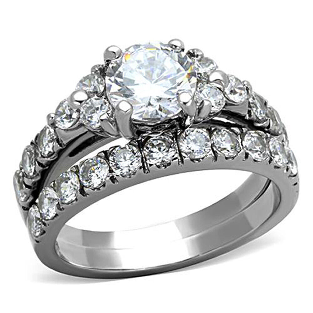 Cz Wedding Ring Sets
 2 50 Ct Round Cut CZ Silver Stainless Steel Wedding Ring