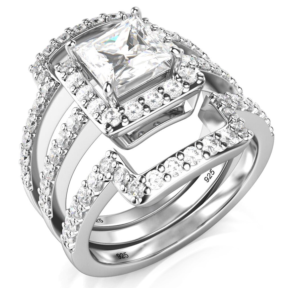 Cz Wedding Ring Sets
 Sz 7 Sterling Silver 3Pcs 925 CZ Cubic Zirconia Engagement