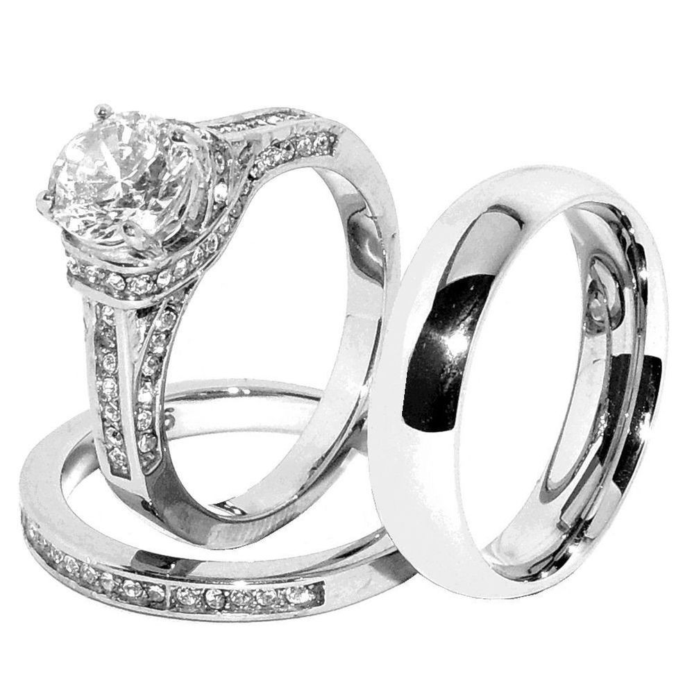 Cz Wedding Ring Sets
 3 PCS Hers Luxury Round CZ Stainless Steel Wedding RING