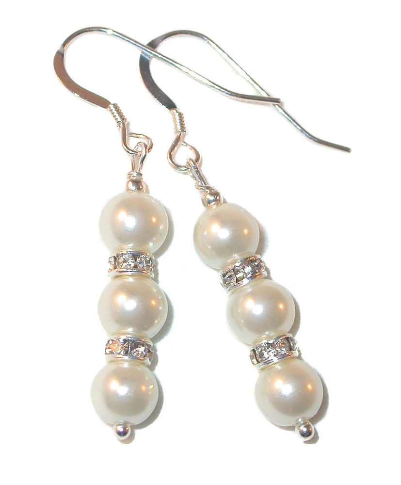Dangling Pearl Earrings
 WHITE Pearl Earrings Bridal Swarovski Crystal Elements