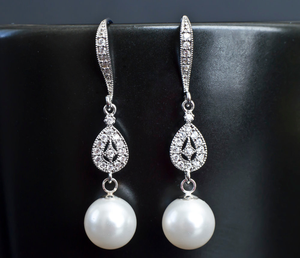 Dangling Pearl Earrings
 Bridal Earrings Bridal Pearl Earrings Dangle by CrinaDesign73