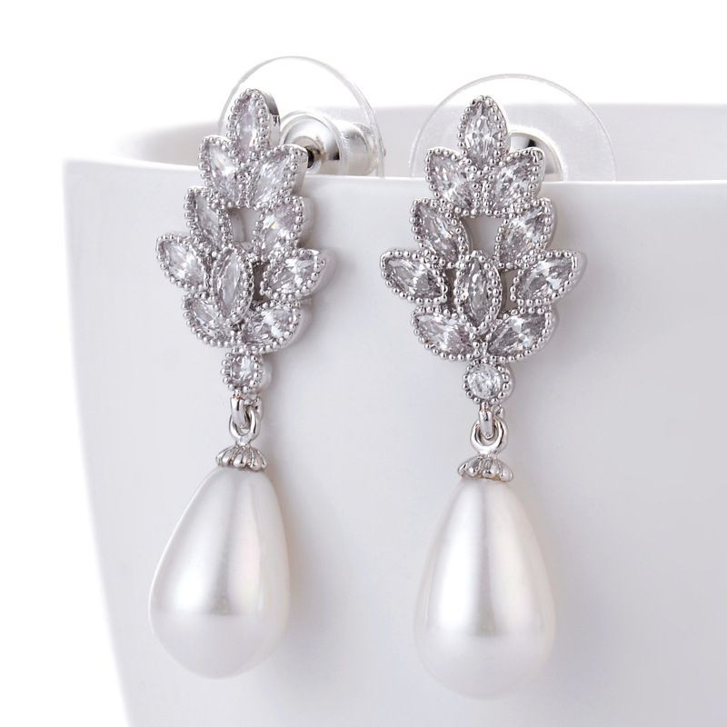 Dangling Pearl Earrings
 Chandelier Pearl Drop Bridal Earrings Dangling CZ Long