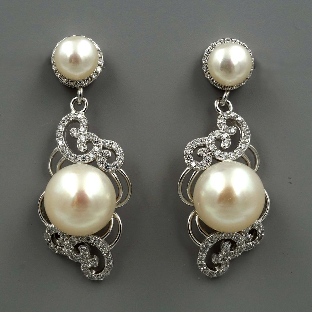 Dangling Pearl Earrings
 White Pearl Sterling Silver CZ Dangle Drop Earrings