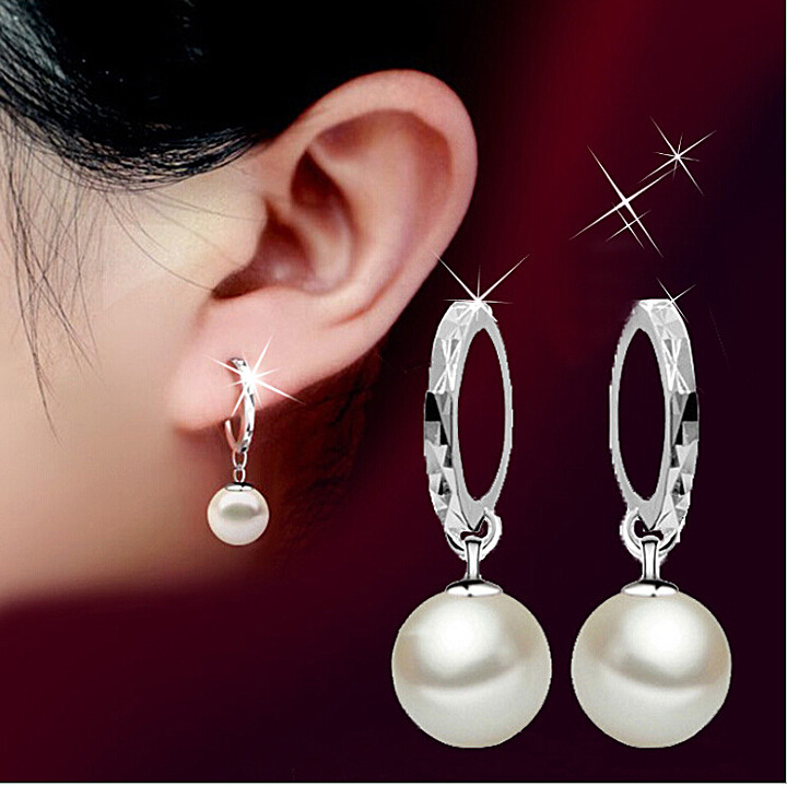 Dangling Pearl Earrings
 925 Sterling Silver Small wide Hoop Pearl Dangle