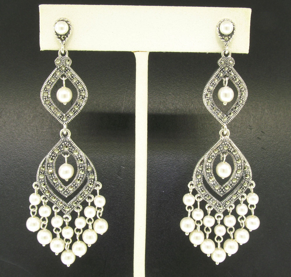 Dangling Pearl Earrings
 Marcasite Sterling Silver Long Dangle Chandelier