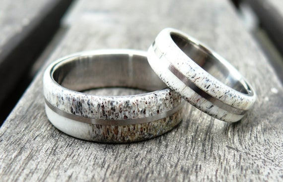 Deer Antler Wedding Rings
 Titanium and Deer Antler Wedding Band Set Two Wedding Ring