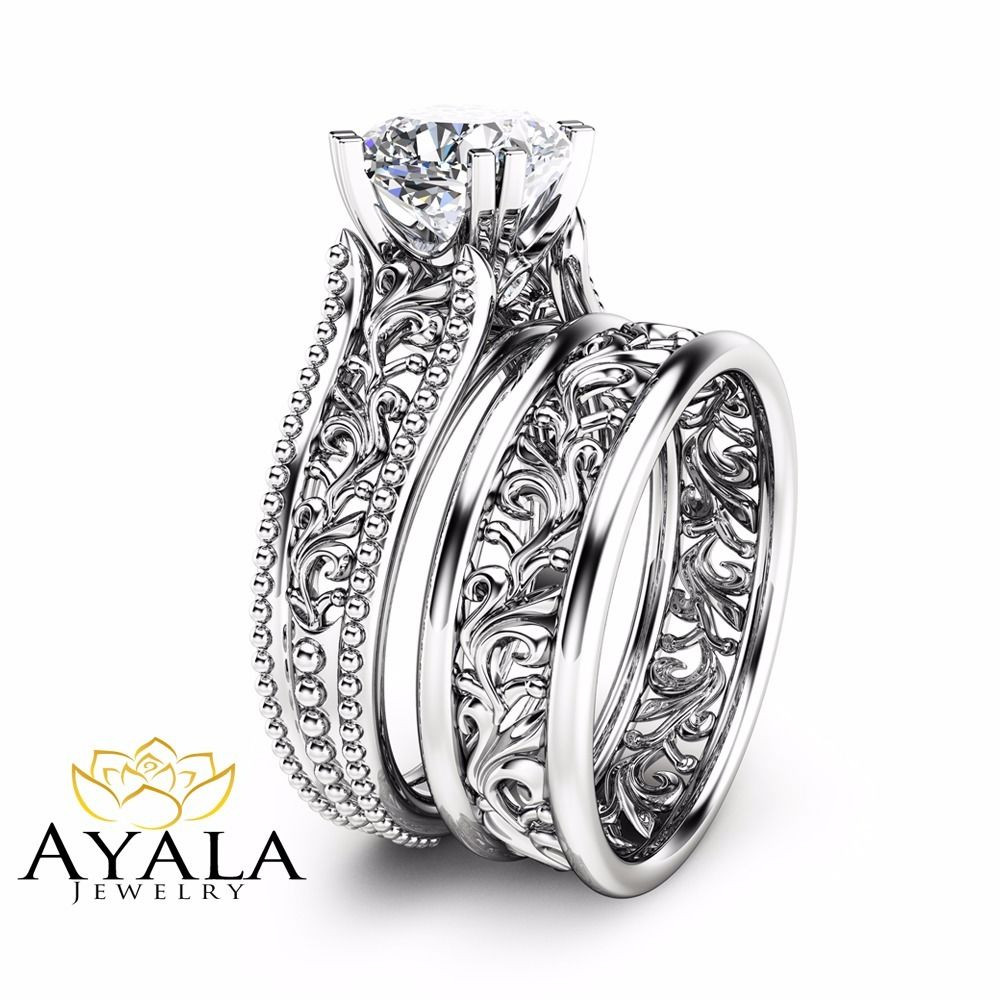Designer Wedding Rings
 Cushion Diamond Wedding Ring Set Unique 14K White Gold