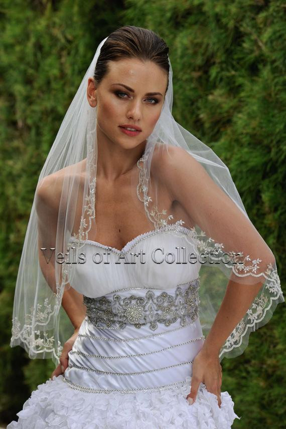 Designer Wedding Veils
 Designer e Tier Beaded Bridal Veil Fingertip by VeilsofArt
