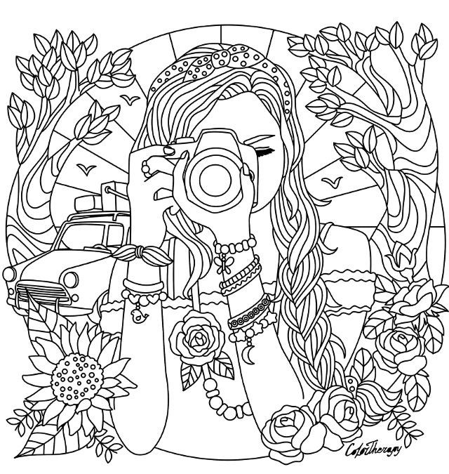 Detailed Coloring Pages For Teenage Girls
 Girl with a camera coloring page