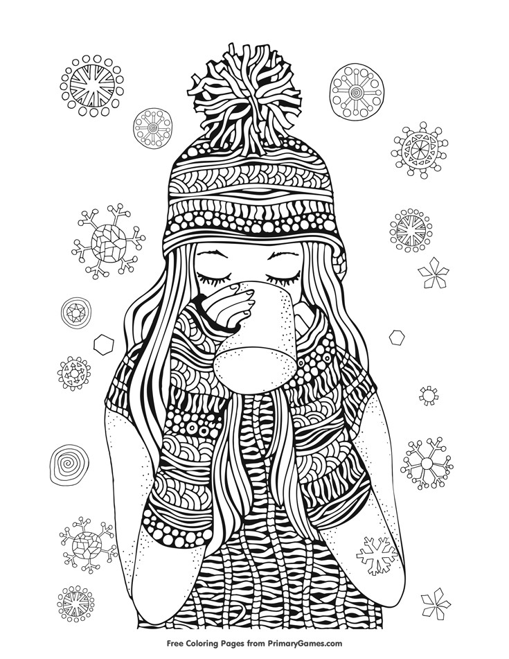 Detailed Coloring Pages For Teenage Girls
 Winter Coloring Page Girl Drinking Hot Chocolate
