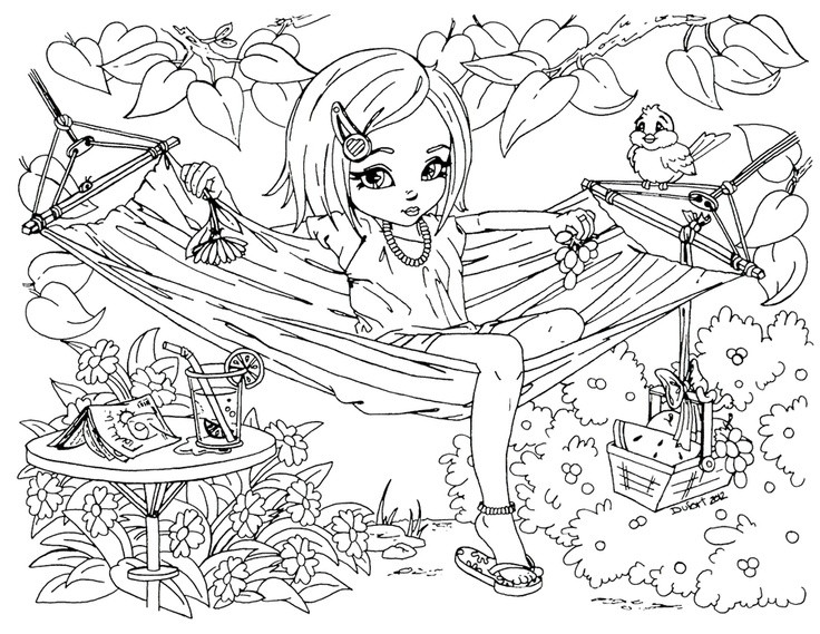 Detailed Coloring Pages For Teenage Girls
 Printable Summer time girl enjoy on hammock coloring pages