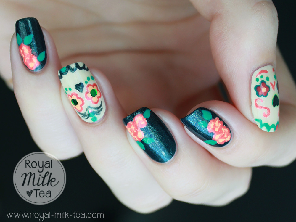 Dia De Los Muertos Nail Art
 Royal Milk Tea Dia de los Muertos Sugar Skull Nail Art